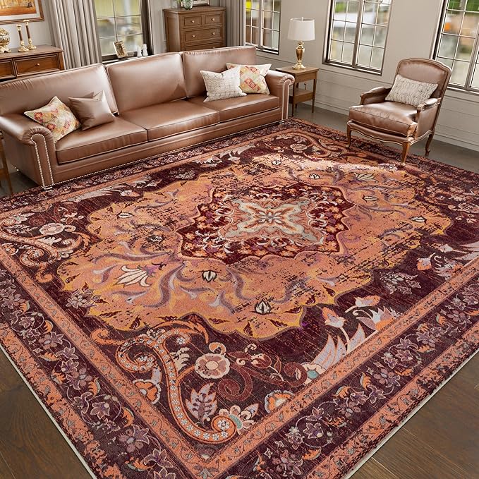 RUSHUFFY 8x10 Washable Rug for Living Room, Non-Slip Large Boho Vintage Print Pattern Carpet for Bedroom Dorm Dining Room Farmhouse Nursery Home Office, Orange & Red