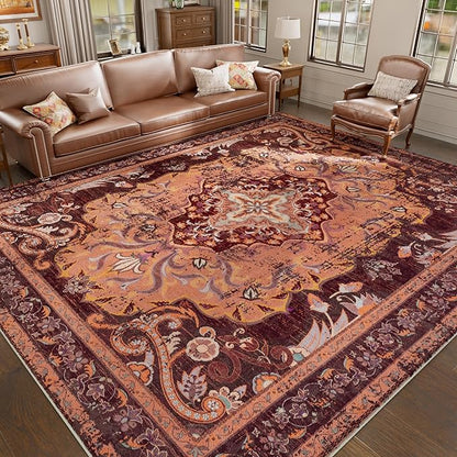 RUSHUFFY 8x10 Washable Rug for Living Room, Non-Slip Large Boho Vintage Print Pattern Carpet for Bedroom Dorm Dining Room Farmhouse Nursery Home Office, Orange & Red