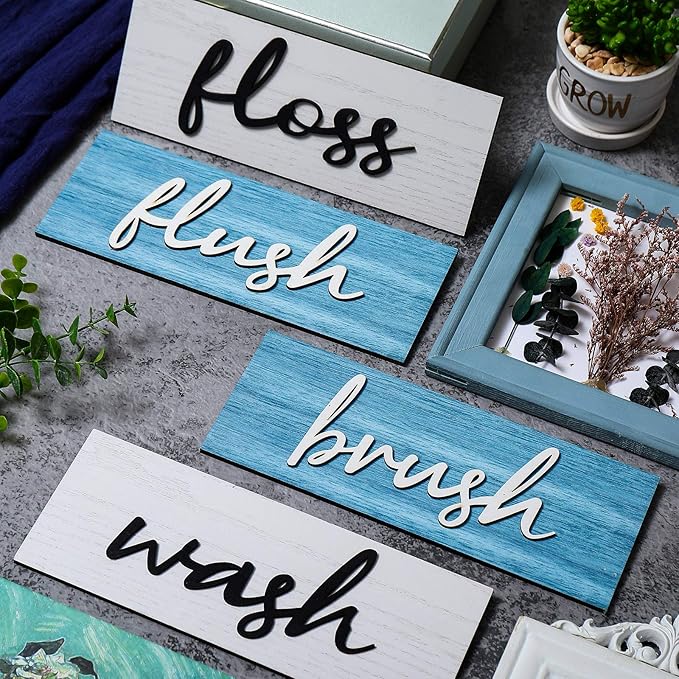 Jetec 4 Pieces Farmhouse Bathroom Wall Decor Wash Signs Rustic Hanging Wooden Signs Primitive Wall Arts Vintage Country Wooden Decorations for Home Room Bathroom(Blue, White)
