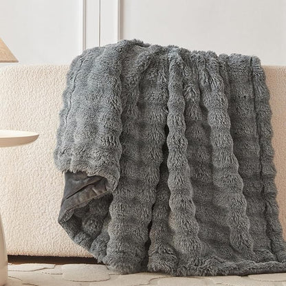 COOVA Faux Fur Throw Blanket for Couch, Cozy Soft and Fuzzy Plush Rabbit Fur Bubble Blanket for Sofa Bedroom Living Room, 60x80 Inches Cationic Light Grey