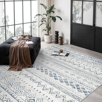 Miukiki 6x9 Area Rug for Living Room Moroccan Washable Rugs Non Slip Indoor Floor Carpet Foldable Large Soft Area Rug for Dining Room Bedroom with Low Pile(Blue,6'x9')