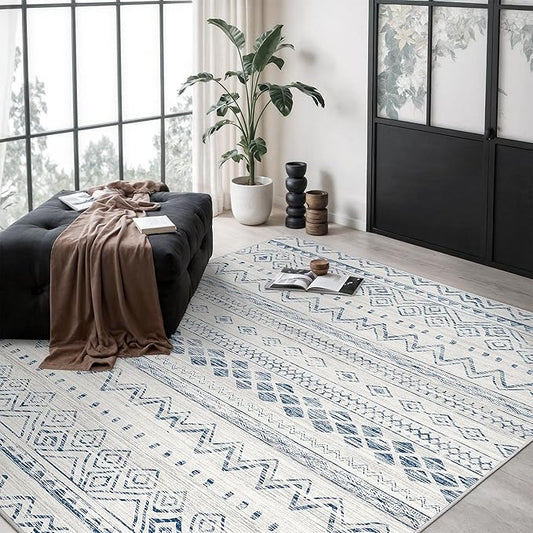 Miukiki 6x9 Area Rug for Living Room Moroccan Washable Rugs Non Slip Indoor Floor Carpet Foldable Large Soft Area Rug for Dining Room Bedroom with Low Pile(Blue,6'x9')