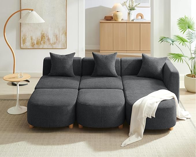 VANOMi 109.84" Modular Sectional Sofa with 3 Pillows, Convertible 5-Seater Comfy Boucle Cloud Couch with Ottoman, Modern Sectional Sofas for Living Room, Office, Apartment (Dark Gray)
