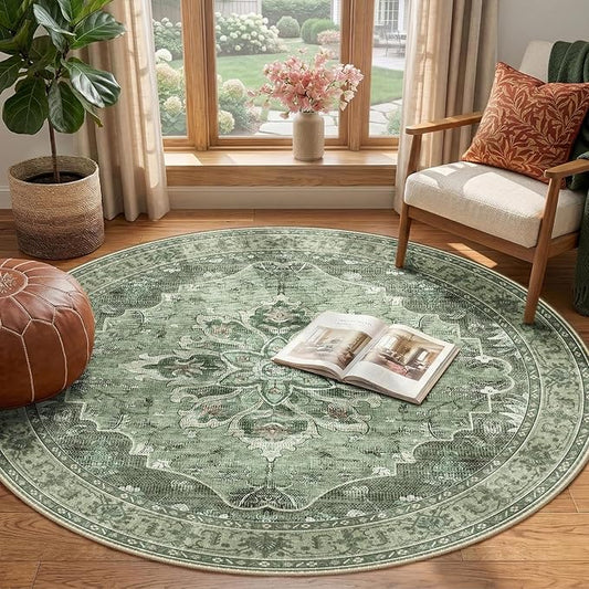 RELEANY Area Rugs Round 4ft Washable Non-Slip, Floral Vintage Distress Print Pattern Medallion Carpet for Living Room Bedroom Dining Room, Dark Green Gray