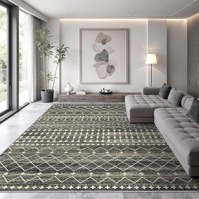 Miukiki 9x12 Area Rug for Living Room Moroccan Washable Rugs Non Slip Indoor Floor Carpet Foldable Large Soft Area Rug for Dining Room Bedroom with Low Pile(Black,9'x12')