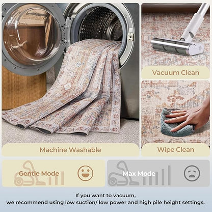 Kokia Washable Area Rugs 9x12 Living Room Boho Non Slip Thin Carpet Stain Resistant Vintage Orange Printed Oriental Distressed Rug for Bedroom Low Pile