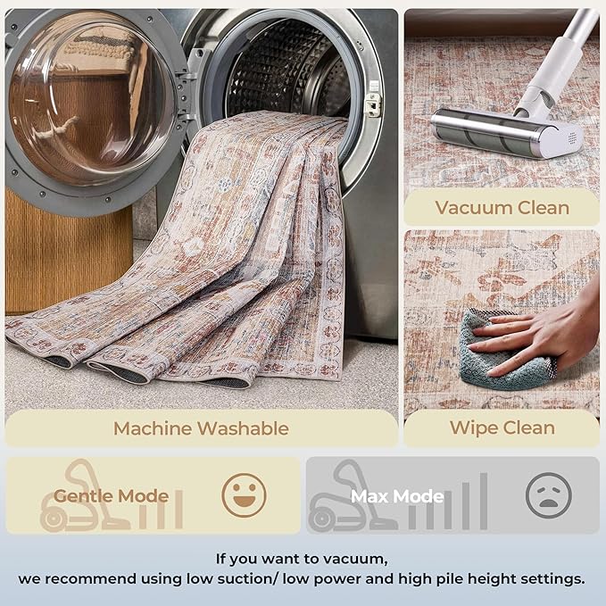 Kokia Washable Area Rugs 10x14 Living Room Boho Non Slip Thin Carpet Stain Resistant Vintage Orange Printed Oriental Distressed Rug for Bedroom Low Pile