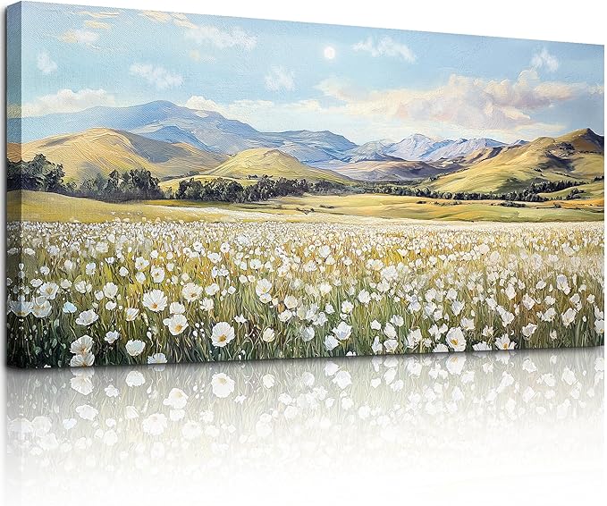 crmotu Large Landscape Wall Art, Flower Wall Art, Nature Wall Decor, Meadow with Wildflowers Canvas Prints, Rustic Aesthetic Pictures for Living Room Bedroom Above Bed Hallway Farmhouse 29x57inch