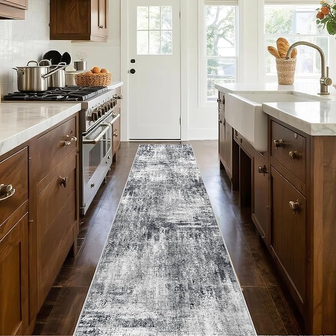 Grey Runner Rugs for Hallway: Abstract Washable Runner Rug 2x10 for Entryway Kitchen Bedroom Bathroom - Modern Cozy Home Decor Long Carpet Mat Stain-Resistant - Dark Grey