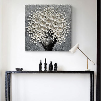 White Flower Oil Painting Modern Abstract Art Oil Painting Home Bedroom, Dining Room, Living Room, Office Wall Decoration (20x20 inches)