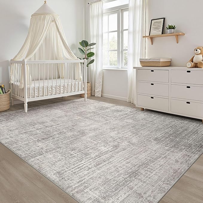 10x13 Area Rug Living Room: Washable Large Neutral Rugs Abstract Soft Modern Stain Resistant Indoor Floor Non-Slip Carpet for Bedroom Nursery Kids Office Playroom Dining Room Under Table- Brown Gray
