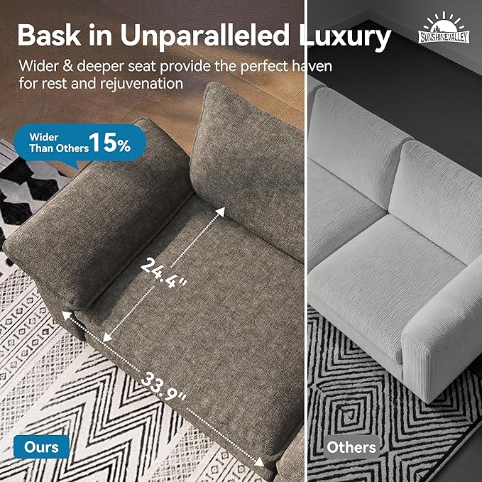 SUNSHINE VALLEY Modular Loveseat Cloud Sofa, 87.5'' Oversized Chenille Sectional Couch with Wider Armrest and Pillow, 2 Seat Upholstered Modern Love Seat for Living Room Bedroom, Smoky Grey