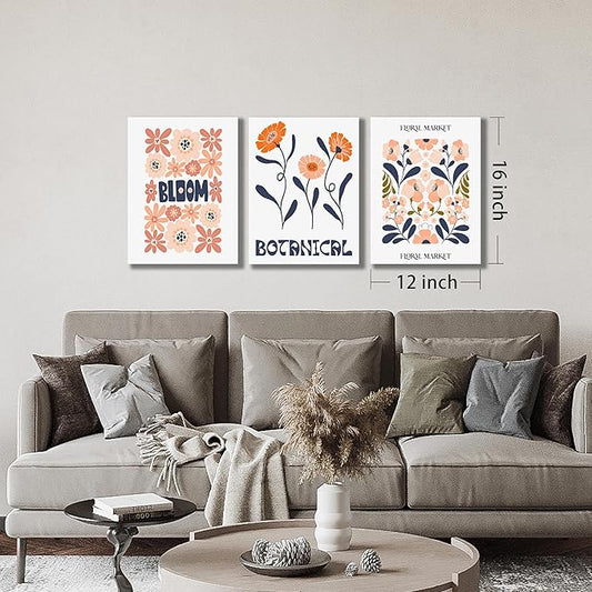 SKYRISE Floral Canvas Wall Art Set of 3, Rustic Botanical Canvas Paintings Prints ArtWork for Living Room, Vintage Flower Pictures for Farmhouse Dining Room Hallway Bedroom Wall Decor 12"x16"