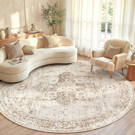 Round Rugs 6ft Washable Rug, Vintage Boho Medallion Rugs Non-Slip Soft Low Pile Circle Distressed Rug Indoor Retro Carpet for Living Room Bedroom Dining Room Home Office (Brown, 6' Round)