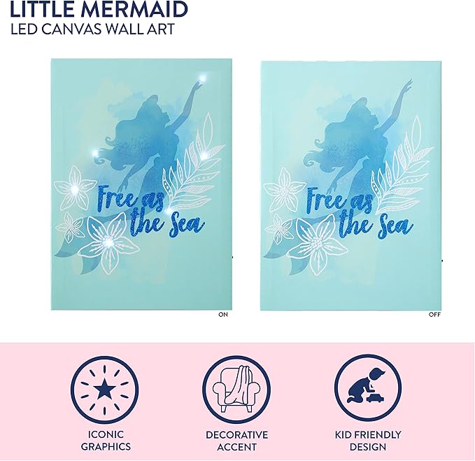 Disney Little Mermaid Free as the Sea Canvas LED Wall Art,Childrens Wall Hanging Décor,11.5"x15.75"