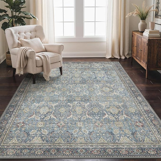 GENIMO 6x9 Area Rugs for Living Room, Machine Washable Non Slip Vintage Rugs, Low Pile Lightweight Chenille Print Rug for Bedroom, Dining Room, Home Office, Vintage Blue