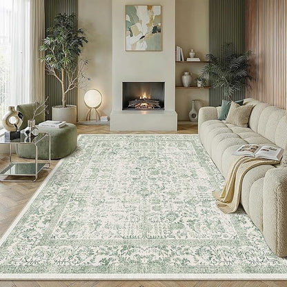 PureCozy Sage Green Area Rug 8x10 Living Room Washable Carpet Vintage Distressed Non Slip Bedroom Carpet Neutral Low Pile Retro Floral Farmhouse Large Rug Home Office Dining Room Playroom