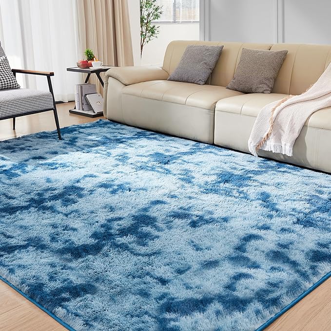 Ultra Soft Rug for Living Room, 4X6 Fluffy Shag Area Rug for Bedroom, Modern Shaggy Carpets Fuzzy Rug for Teens Dorm Nursery Home Decor Aesthetic, Upgrade Anti-Skid Durable, Tie-Dyed Blue Grey