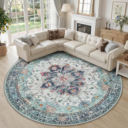 RELEANY Area Rugs Round 10ft Washable Non-Slip, Floral Vintage Distress Print Pattern Medallion Carpet for Living Room Bedroom Dining Room, Green Navy Blue White Red Teal Colorful
