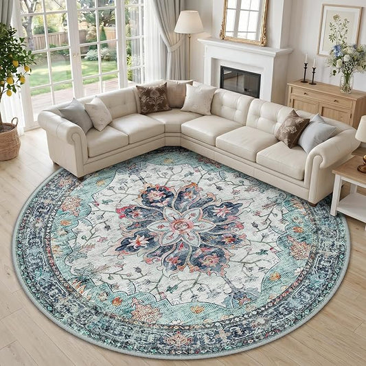 RELEANY Area Rugs Round 10ft Washable Non-Slip, Floral Vintage Distress Print Pattern Medallion Carpet for Living Room Bedroom Dining Room, Green Navy Blue White Red Teal Colorful
