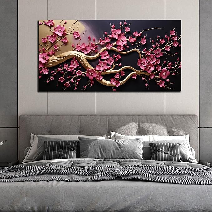 Ouzzlie Flower Wall Decor for Office Plum Blossom Tree Picture Black Canvas Art Gold Artwork Print for Bedroom Living Room 24" x 48"