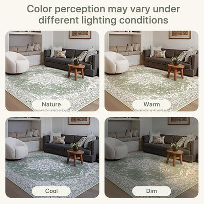 GENIMO 8X10 Washable Vintage Area Rugs for Living Room, Non-Slip Low Pile Chenille Print Rug, Soft Rugs for Bedroom Dining Room Home Office, Sage & Linen