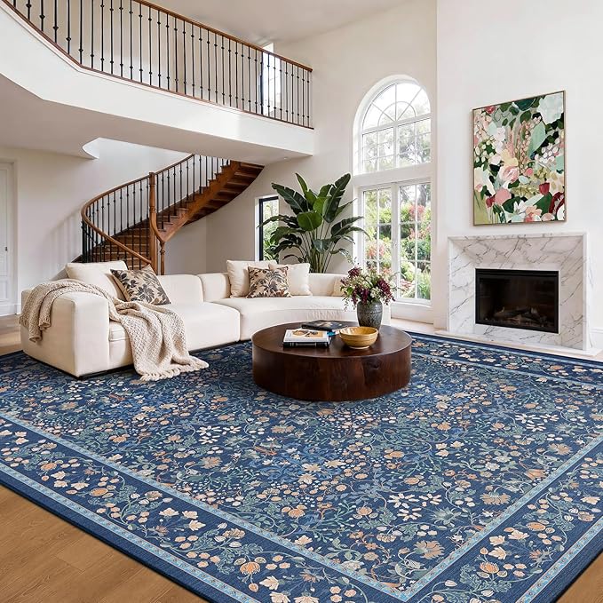 AMADA HOMEFURNISHING Large Area Rugs 9x12, Washable Floral Rug with Non-Slip Backing & Low Pile, Durable Edge Biding, Vintage Soft Floral Rug for Living Room, Bedroom and Dining Room