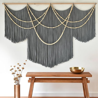 Flber Macrame Wall Hanging Boho Wall Art Beads Tassels Modern for Living Room Bedroom Large Geometric Wall Decor 57" W x 39" L