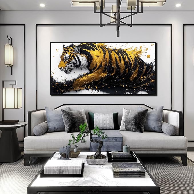 Tiger Painting Wall Art for Living Room - Animal Canvas Wall Art for Office - Black Framed Wall Art for Bedroom Size 24" x 48"