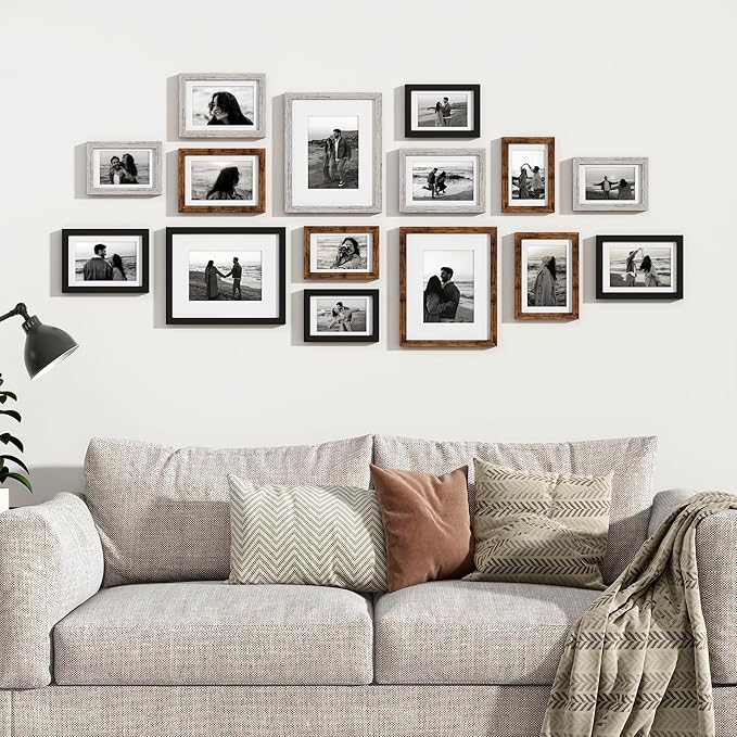 Venusmiles 15 Pack Picture Frames Collage Wall Decor, Gallery Frame Set for Wall Mounting or Tabletop Display, Multi Sizes Including 3pcs 8x10, 6pcs 5x7, 6pcs 4x6, Black+Rustic Brown+Distressed White