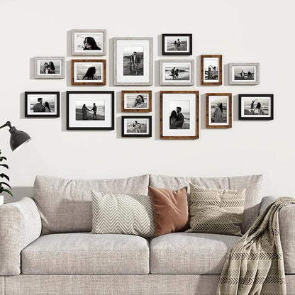 Venusmiles 15 Pack Picture Frames Collage Wall Decor, Gallery Frame Set for Wall Mounting or Tabletop Display, Multi Sizes Including 3pcs 8x10, 6pcs 5x7, 6pcs 4x6, Black+Rustic Brown+Distressed White