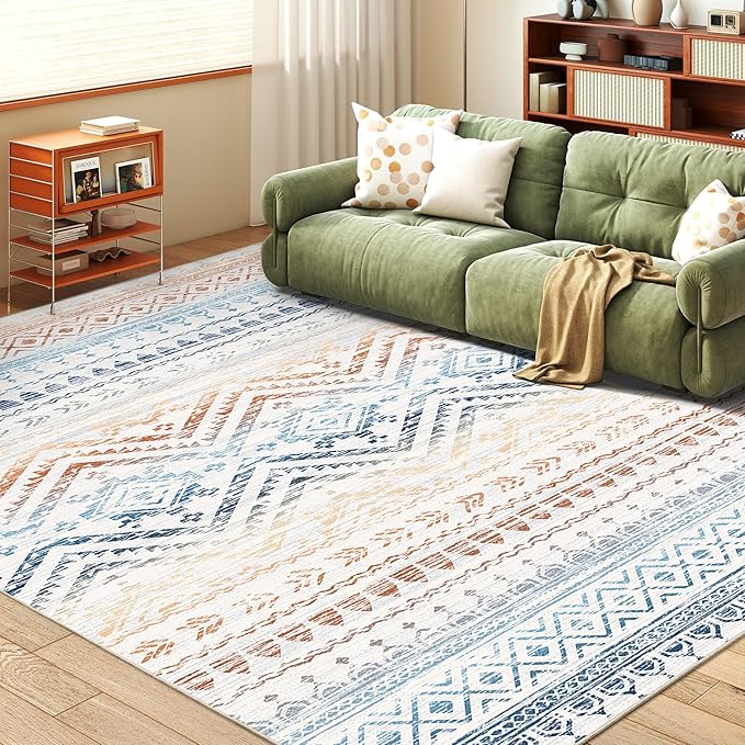 Miukiki 6x9 Area Rug for Living Room Moroccan Washable Rugs Non Slip Indoor Floor Carpet Foldable Large Soft Area Rug for Dining Room Bedroom with Low Pile(Colorful,6'x9')