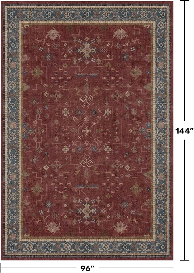 Hazo Haus Oriental 8x12 Large Area Rugs for Living Room - Burgundy Rug for Bedroom Under Bed, Dining Room Under Kitchen Table, Washable Soft Non Slip Unique Indoor Décor