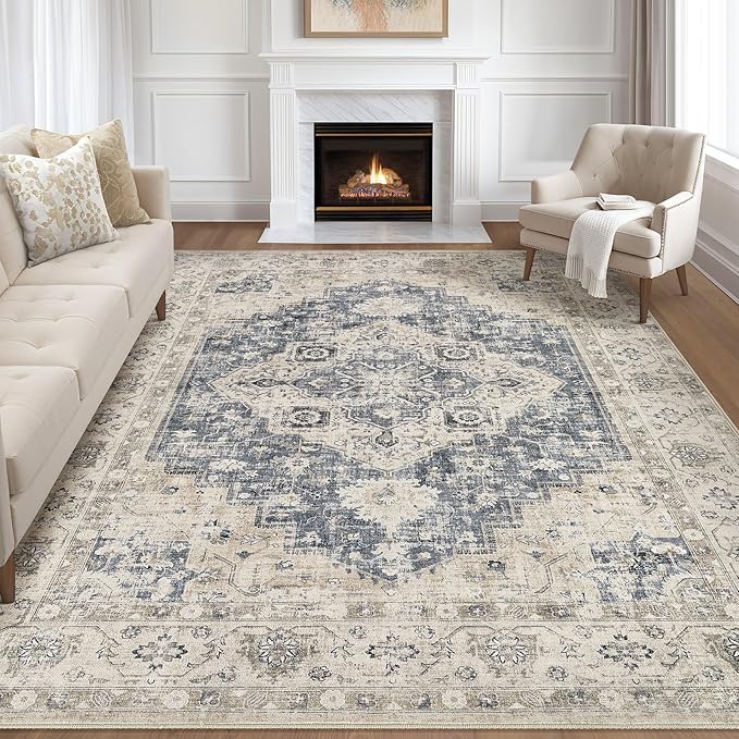 9x12 Area Rug Living Room: Washable Boho Large Neutral Vintage Soft Rugs Stain Resistant Distressed Farmhouse Non-Slip Indoor Floor Carpet for Bedroom Nursery Kids Office Dining Room- Brown Blue