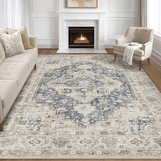 9x12 Area Rug Living Room: Washable Boho Large Neutral Vintage Soft Rugs Stain Resistant Distressed Farmhouse Non-Slip Indoor Floor Carpet for Bedroom Nursery Kids Office Dining Room- Brown Blue