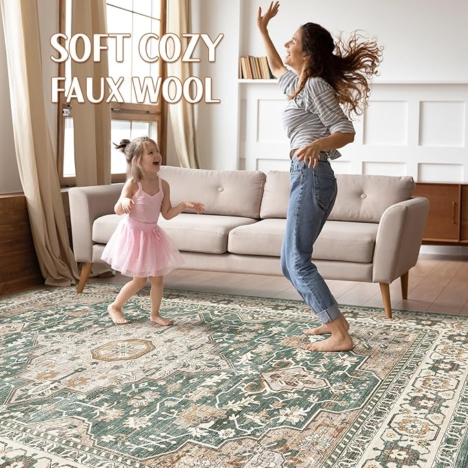 Green Rug Living Room Rugs: 10x12 Washable Boho Large Vintage Soft Stain Resistant Farmhouse Oriental Non Slip Indoor Floor Carpet for Bedroom Nursery Kids Playroom Office Dining Room Home Decor