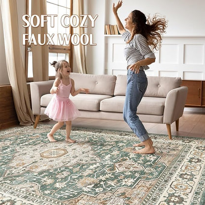 12x15 Area Rug Living Room: Machine Washable Boho Large Vintage Soft Rugs Stain Resistant Farmhouse Oriental Non Slip Indoor Floor Carpet for Bedroom Nursery Kids Playroom Office Dining Room- Green