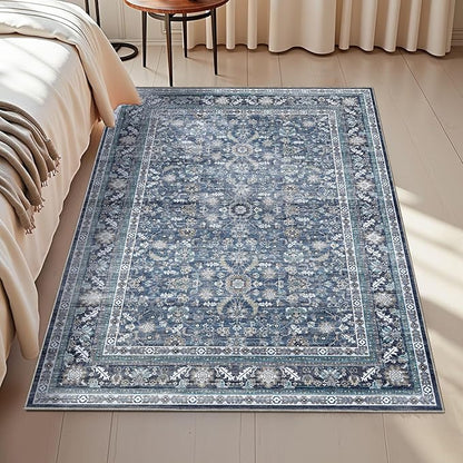 OPPODREAM Vintage Blue Area Rugs 3x5, 3 x 5 Retro Washable Rug Non Slip, Low-Pile Faux Wool Carpet, Distressed Navy Floor Mat for Living Room, Bedroom, Kitchen, Office, Dorm, Dinning Room