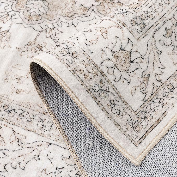 PureCozy Beige Area Rug 6x9 Washable Vintage Carpet for Living Room Bedroom Large Soft Retro Low Pile Thin Indoor Rug Non Slip Oriental Medallion Floor Cover for Dining Room Office
