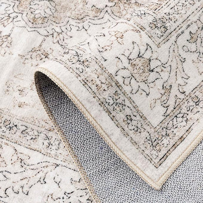 PureCozy Beige Area Rug 6x9 Washable Vintage Carpet for Living Room Bedroom Large Soft Retro Low Pile Thin Indoor Rug Non Slip Oriental Medallion Floor Cover for Dining Room Office