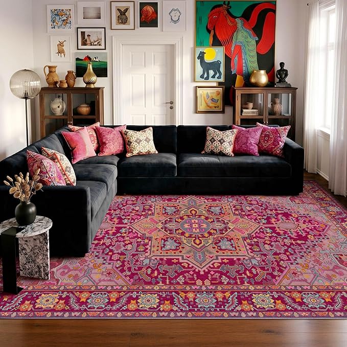 Kokia 8x10 Washable Magenta Hot Pink Area Rugs with Vintage Orient Design Soft Rug for Living Room or Bedroom Non-Slip Low Pile Stain Resistance Features Distressed Medallion Pattern