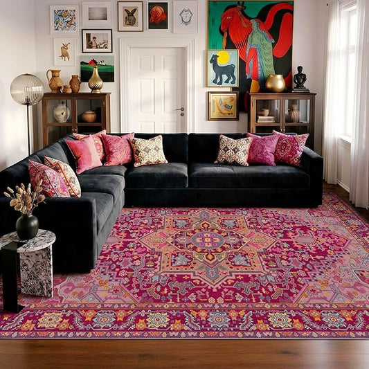 Kokia 8x10 Washable Magenta Hot Pink Area Rugs with Vintage Orient Design Soft Rug for Living Room or Bedroom Non-Slip Low Pile Stain Resistance Features Distressed Medallion Pattern