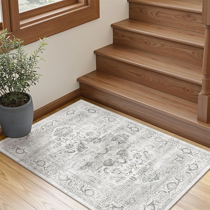 Washable 2x3 Area Rug - Non-Slip Low Pile Entryway Rug Stain Resistant Indoor Carpet for Inside Front Door Bedroom Kitchen Bathroom Ivory/Gray