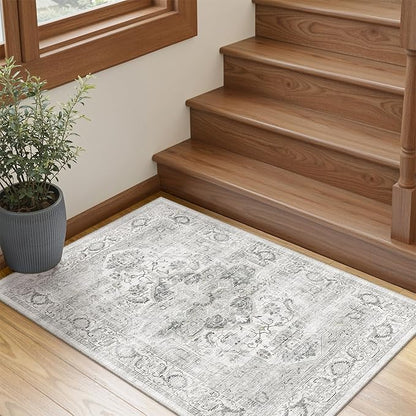 Washable 2x3 Area Rug - Non-Slip Low Pile Entryway Rug Stain Resistant Indoor Carpet for Inside Front Door Bedroom Kitchen Bathroom Ivory/Gray