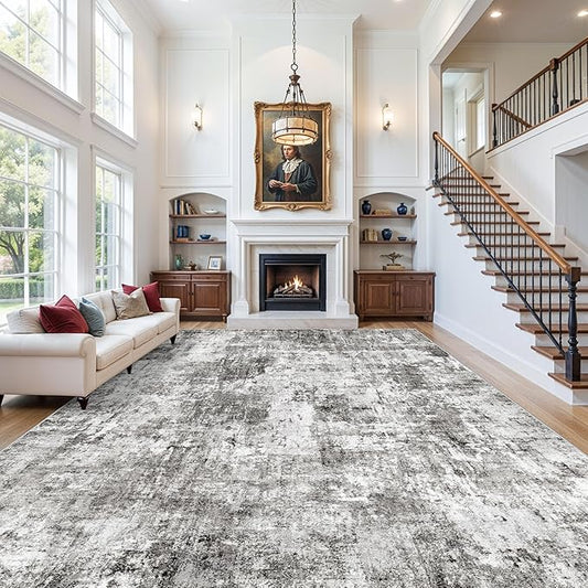 12x18 ft Extra Large Living Room Rug – Washable Modern Abstract Neutral Oversize Rugs for Bedroom,Dining Room,Family Room – Non-Slip Low-Pile Thin Stain-Resistant Carpet (Grey)