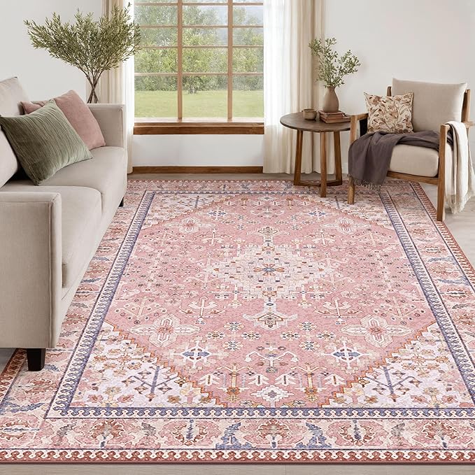 5x7 Area Rugs for Living Room, Machine Washable Low Pile Rug, Non Slip Backing Boho Rugs for Bedroom, Printed Soft Vintage Carpet Peach Pink 5 x 7