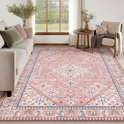 5x7 Area Rugs for Living Room, Machine Washable Low Pile Rug, Non Slip Backing Boho Rugs for Bedroom, Printed Soft Vintage Carpet Peach Pink 5 x 7