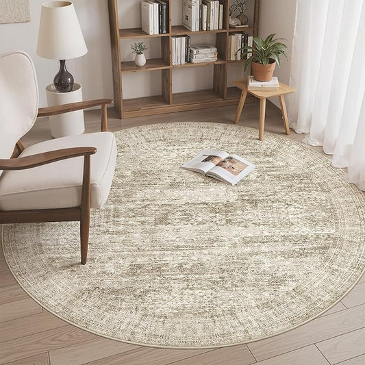 Soalmost 5x5 Brown Round Rug 5ft Living Room Circle Rug Vintage Round Area Rug Non Slip Indoor Carpet for Entryway Dining Room Bedroom
