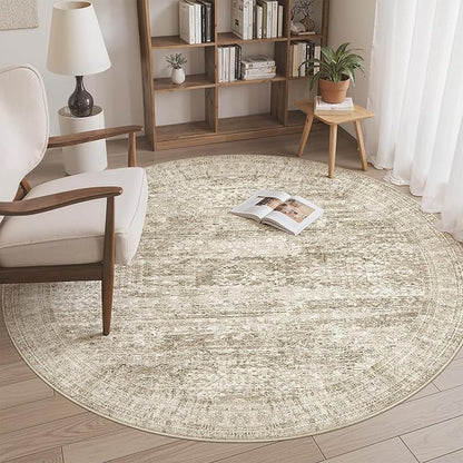 Soalmost 6x6 Brown Round Rug 6ft Living Room Circle Rug Vintage Round Area Rug Non Slip Indoor Carpet for Dining Room Bedroom