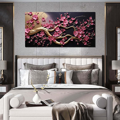Ouzzlie Flower Wall Decor for Office Plum Blossom Tree Picture Black Canvas Art Gold Artwork Print for Bedroom Living Room 24" x 48"